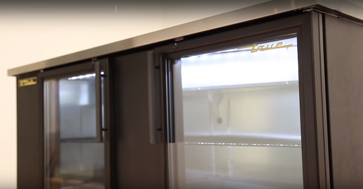 True TBB-3G-HC-LD Black 2 Glass Swing Door Back Bar Refrigerator 73" - Holds (112) 6-Packs or (3) Half Barrel - 115v