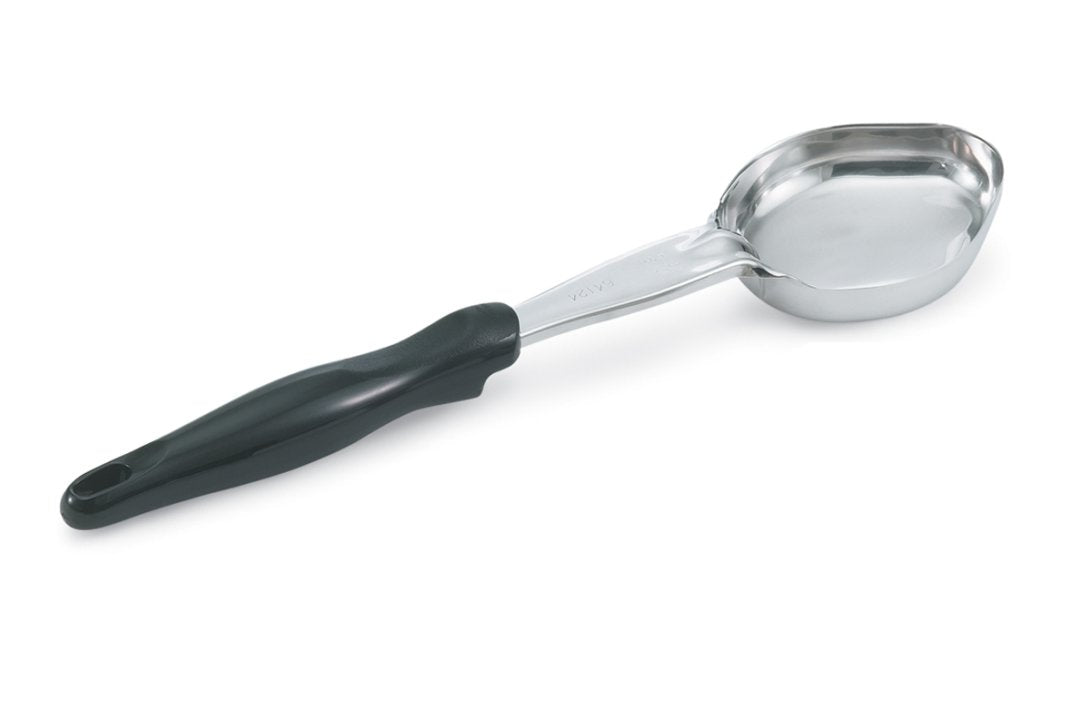 Vollrath 6412620 6-ounce one-piece heavy-duty stainless steel oval Spoodle utensil with black nylon handle