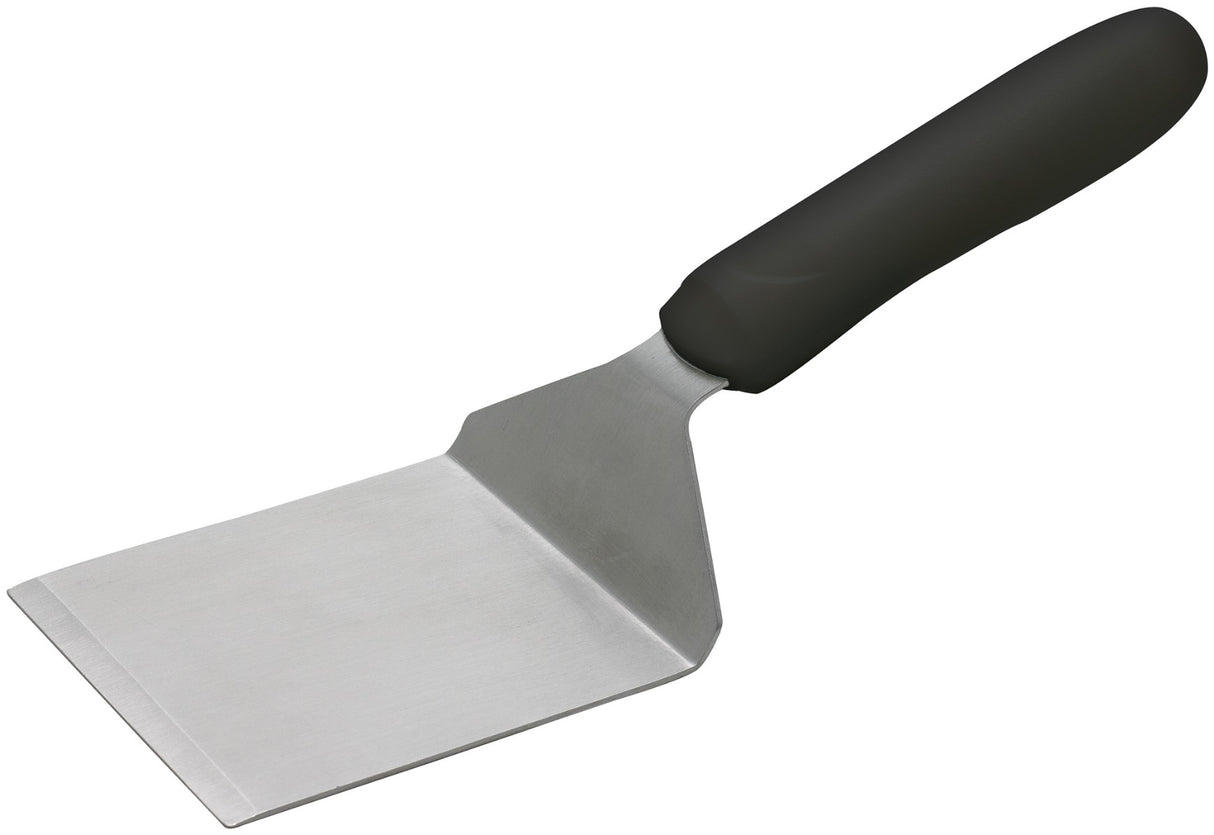 Winco TKP-41 Stainless Steel Solid Offset Steak/Burger Turner with 4-1/8" x 3-3/4" Blade and Black Polypropylene Ergo Handle - 72/Case
