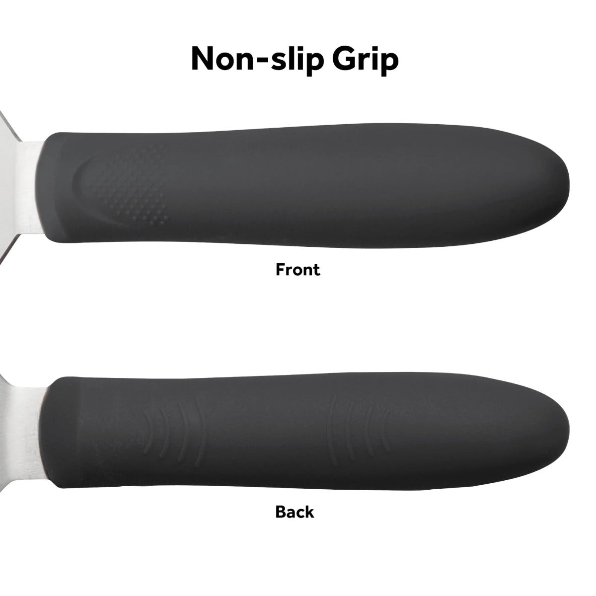 Winco TKP-41 Stainless Steel Solid Offset Steak/Burger Turner with 4-1/8" x 3-3/4" Blade and Black Polypropylene Ergo Handle - 72/Case
