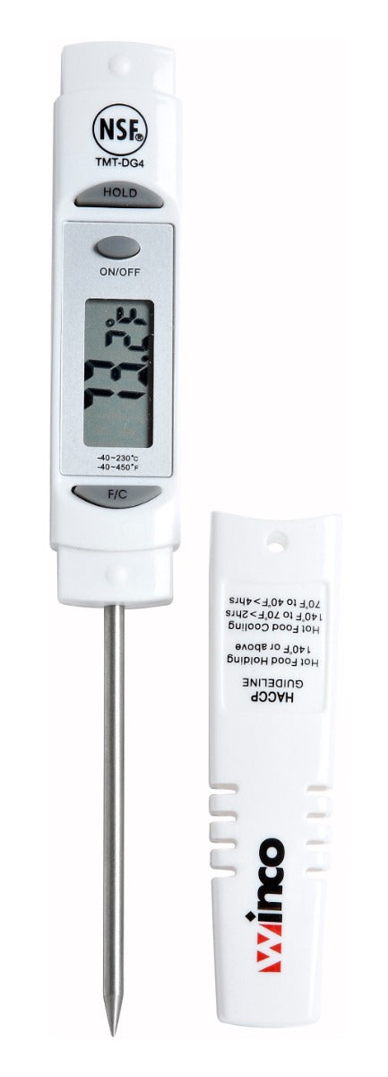 Winco TMT-DG4 Digital Probe / Pocket Thermometer with 3-1/8" Stem, 1-1/4" LCD Face, and Protective Sleeve - (-40 to 450 Degrees F) - 144/Case