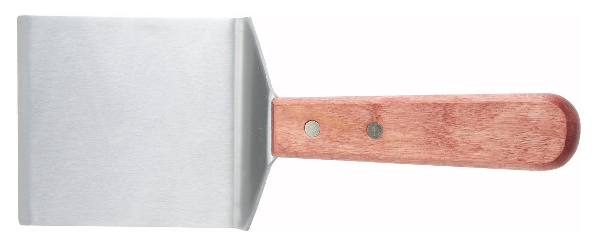Winco TN46 Stainless Steel Solid Offset Steak/Burger Turner with 4-1/8" x 3-3/4" Blade and Wooden Handle - 12/Case