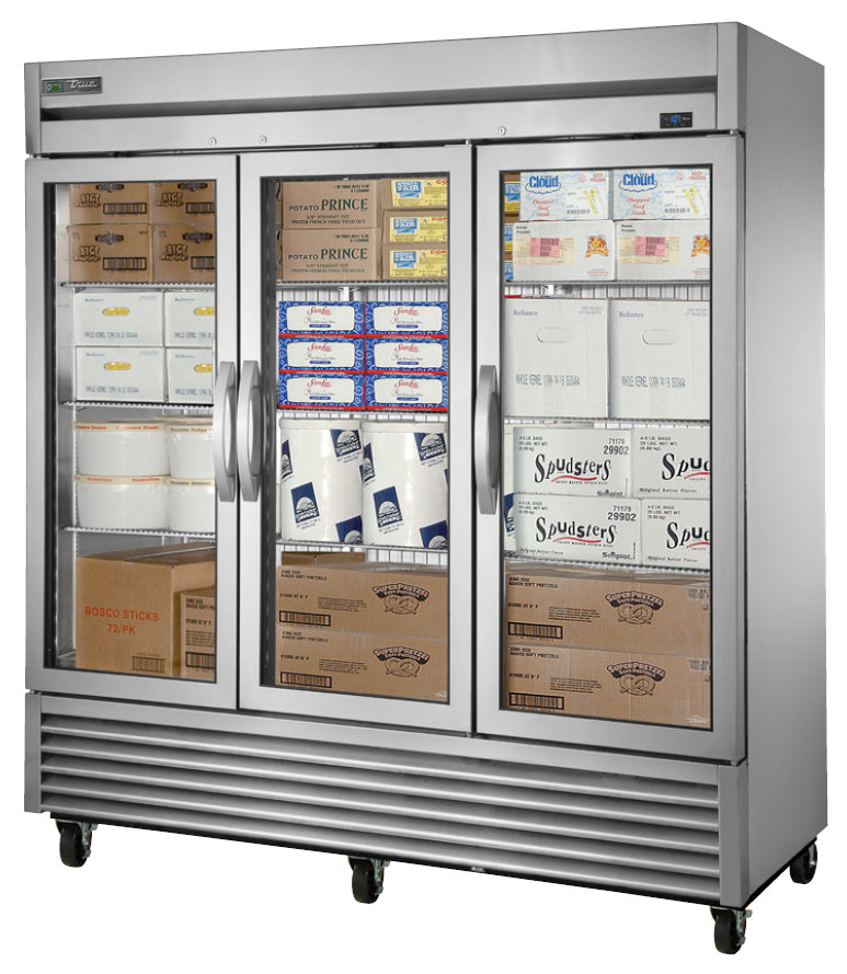 True T-72FG-HC~FGD01 3-Section Left/Right/Right Hinged 3-Section 3 Glass Swing Door Reach-In Freezer 78" - 72 cu. ft. - 115v