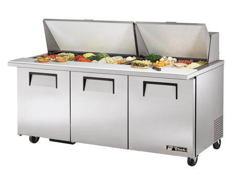 True TSSU-72-30M-B-ST-HC 72 inch mega top refrigerated salad and sandwich prep table with three doors
