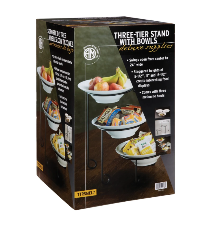 American Metalcraft TTRSMEL7 3 Tier Stand Set w/ Melamine Bowls - Wrought Iron, Black