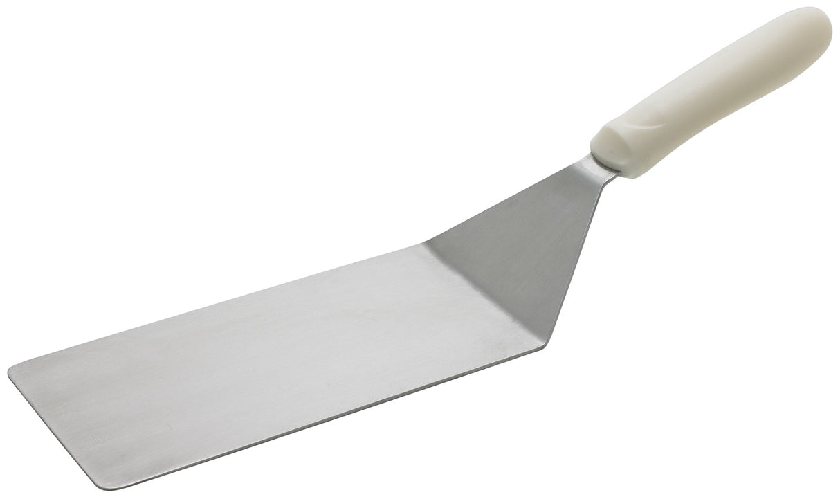 Winco TWP-42 Stainless Steel Solid Offset Turner with 8" x 4" Blade and White Polypropylene Ergo Handle