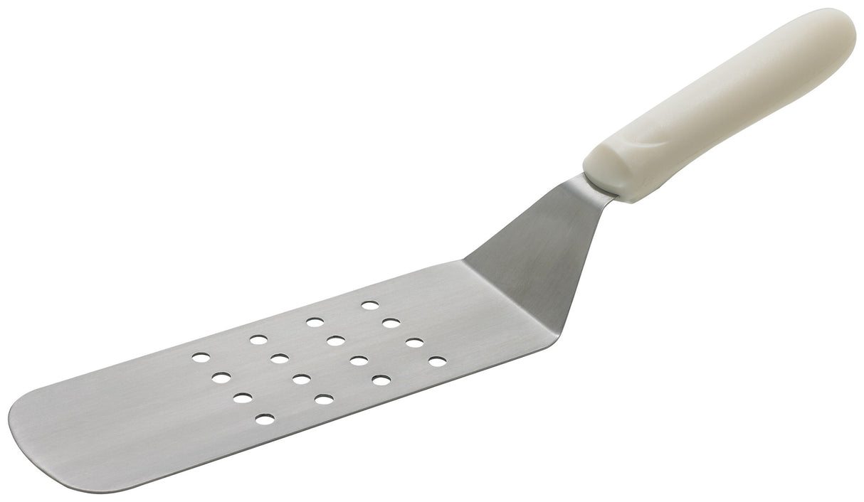 Winco TWP-91 Stainless Steel Perforated Offset Turner with 8-1/4" x 2-7/8" Blade and White Polypropylene Ergo Handle - 48/Case