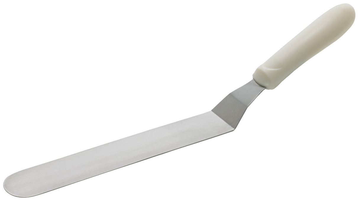 Winco TWPO-9 Stainless Steel Solid Offset Spatula with 8-1/2" x 1-1/2" Blade and White Polypropylene Ergo Handle - 144/Case