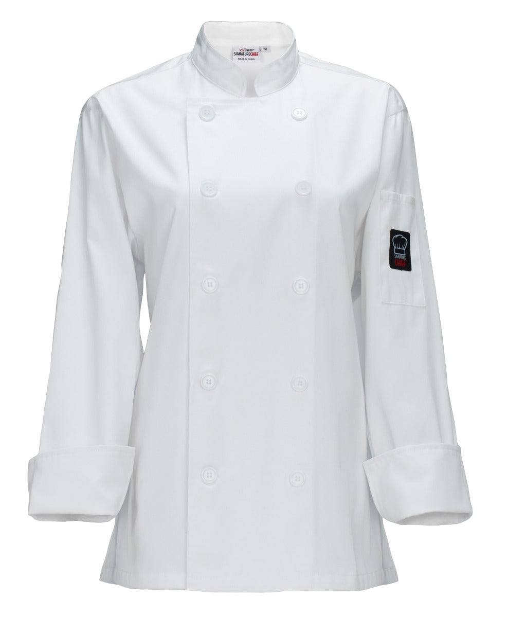 Winco UNF-7WM Signature Chef Beacon Women's Long Sleeve Double-Breasted Tapered Fit Chef Jacket with Thermometer Pocket - White / Medium - 12/Case