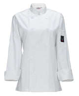 Winco UNF-7WM Signature Chef Beacon Women's Long Sleeve Double-Breasted Tapered Fit Chef Jacket with Thermometer Pocket - White / Medium - 12/Case