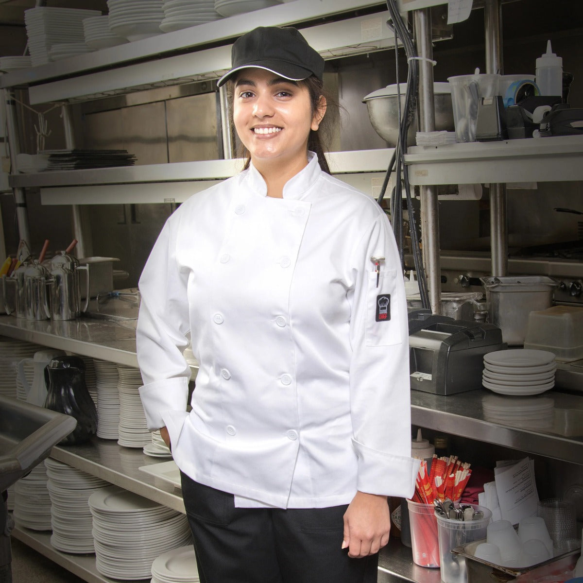 Winco UNF-7WM Signature Chef Beacon Women's Long Sleeve Double-Breasted Tapered Fit Chef Jacket with Thermometer Pocket - White / Medium - 12/Case