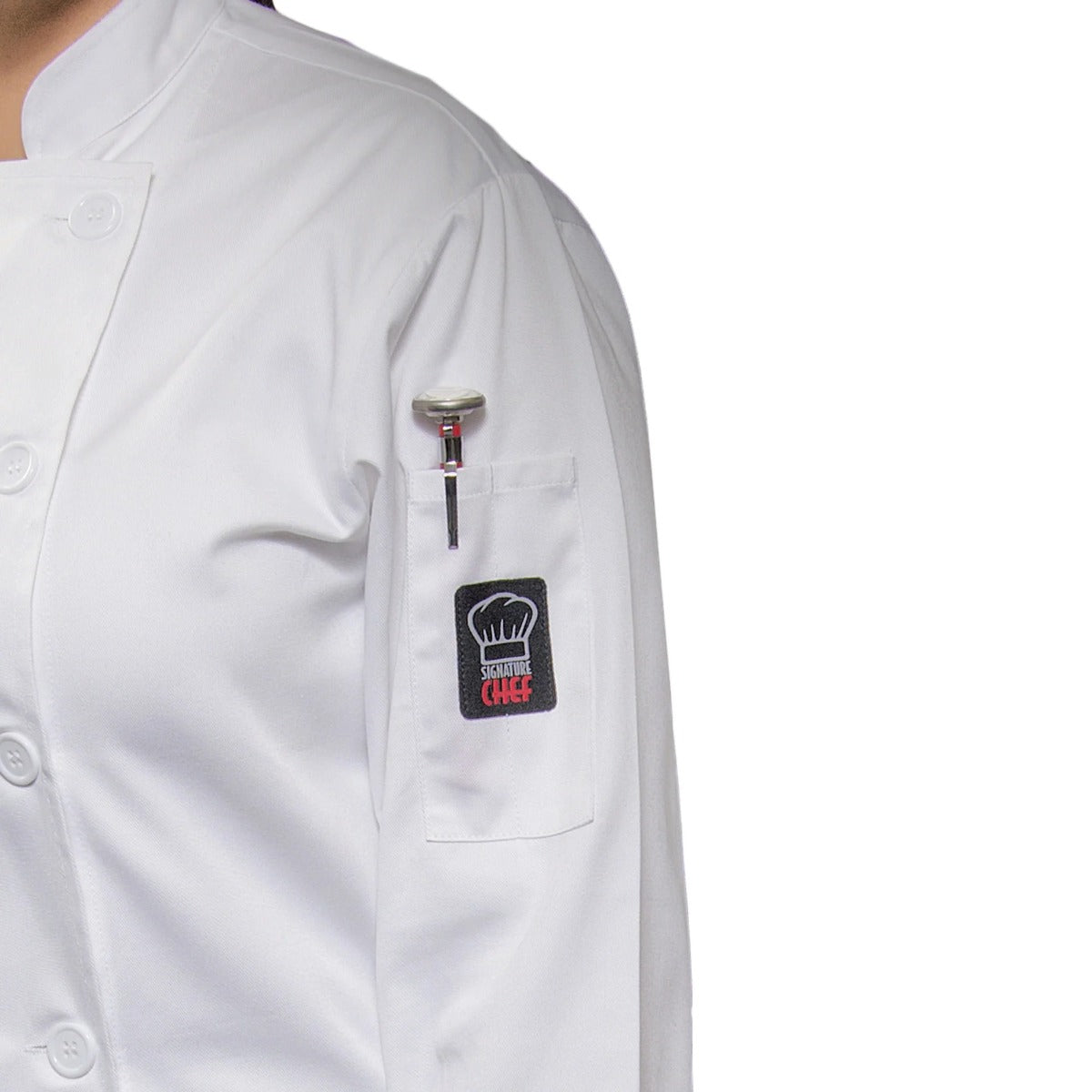Winco UNF-7WM Signature Chef Beacon Women's Long Sleeve Double-Breasted Tapered Fit Chef Jacket with Thermometer Pocket - White / Medium - 12/Case