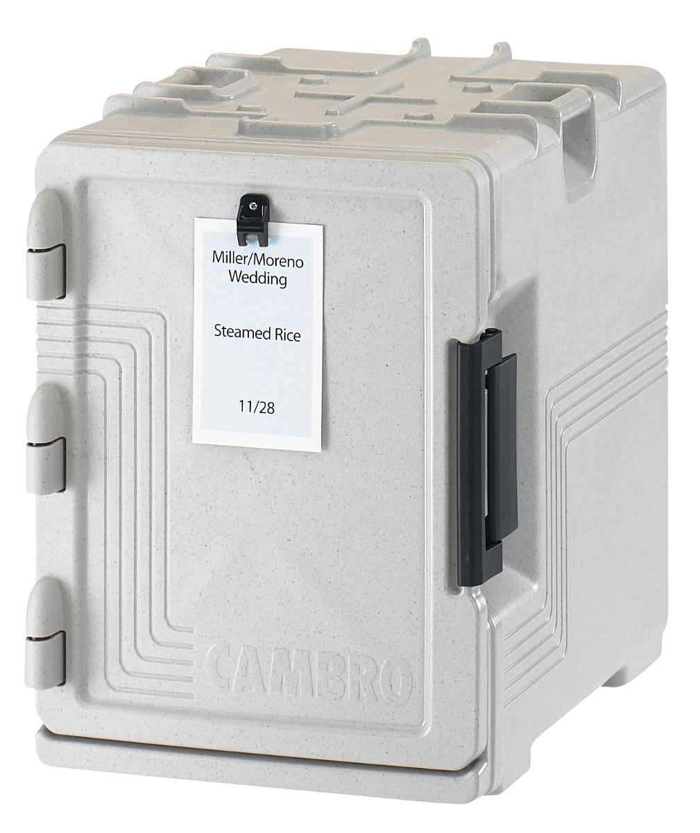 Cambro UPCS400480 Ultra Pan Carrier S-Series Front Loading Insulated Food Pan Carrier with Menu Clip  18" 60 qt. - Speckled Gray - (6) Full Size 2-1/2" Deep Pan Capacity
