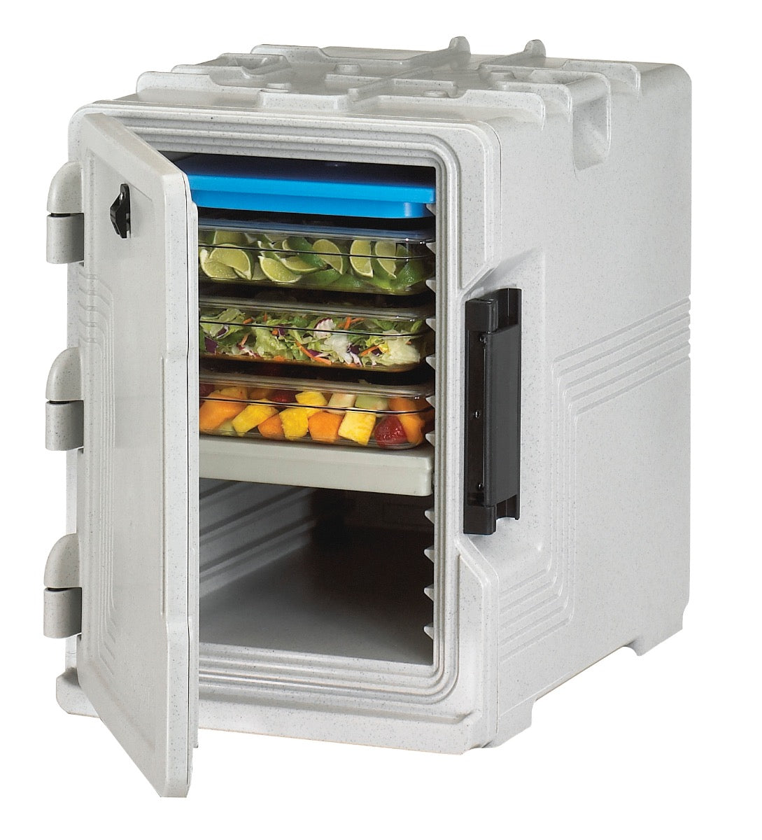 Cambro UPCS400480 Ultra Pan Carrier S-Series Front Loading Insulated Food Pan Carrier with Menu Clip  18" 60 qt. - Speckled Gray - (6) Full Size 2-1/2" Deep Pan Capacity