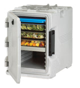 Cambro UPCS400480 Ultra Pan Carrier S-Series Front Loading Insulated Food Pan Carrier with Menu Clip  18" 60 qt. - Speckled Gray - (6) Full Size 2-1/2" Deep Pan Capacity