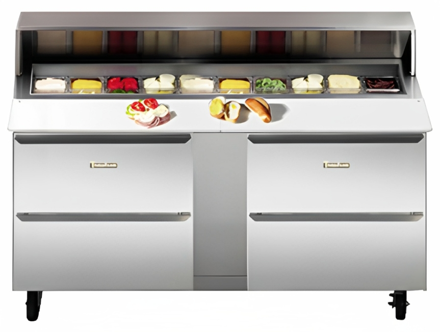 Traulsen UPT7230-LL-SB 2-Section 2 Left/Left Hinged Door Refrigerated Salad/Sandwich Prep Table with Roll-Top Lid & Stainless Steel Back 72" - Holds (30) 1/6 Size Pans - 24.5 cu. ft. - 115v