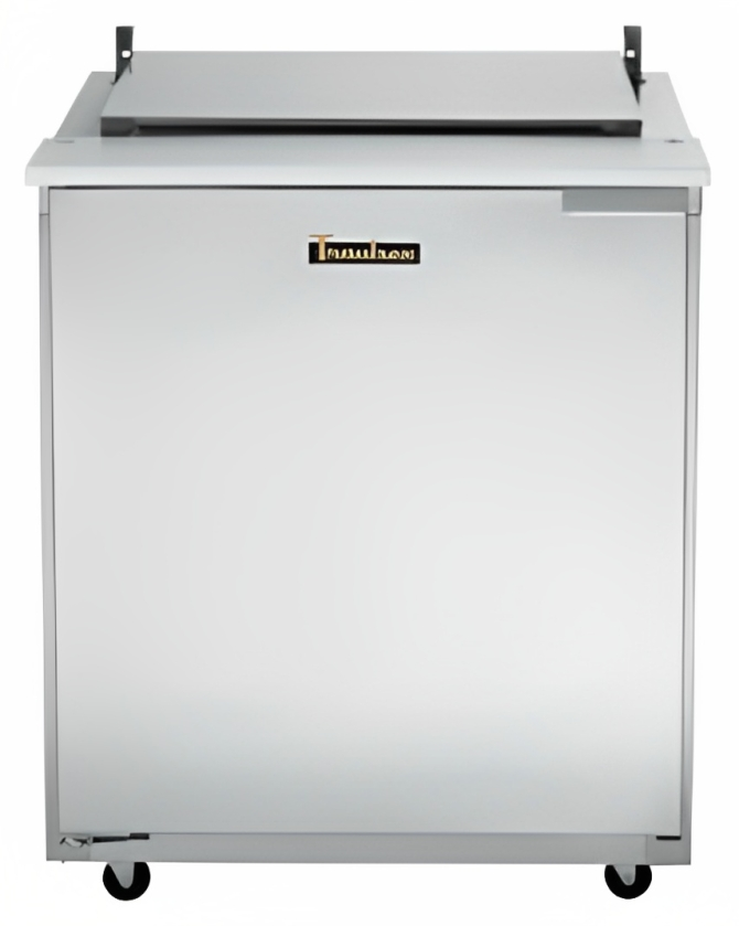 Traulsen UST279-L-SB 1-Section Left Hinged 1 Door Refrigerated Salad/Sandwich Prep Table with Low Profile Flat Lid & Stainless Steel Back 27" - Holds (9) 1/6 Size Pans - 7.7 cu. ft. - 115v