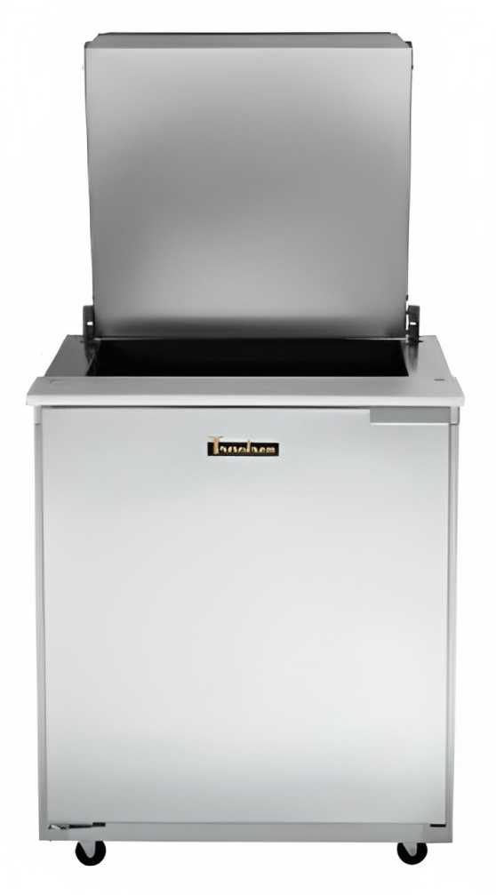 Traulsen UST279-L 1-Section Left Hinged 1 Door Refrigerated Salad/Sandwich Prep Table with Low Profile Flat Lid 27" - Holds (9) 1/6 Size Pans - 7.7 cu. ft. - 115v