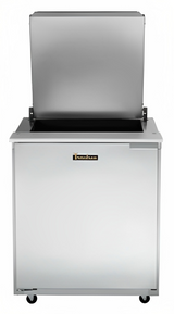 Traulsen UST279-L-SB 1-Section Left Hinged 1 Door Refrigerated Salad/Sandwich Prep Table with Low Profile Flat Lid & Stainless Steel Back 27" - Holds (9) 1/6 Size Pans - 7.7 cu. ft. - 115v
