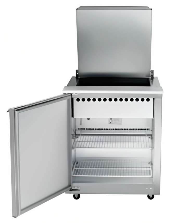 Traulsen UST279-L-SB 1-Section Left Hinged 1 Door Refrigerated Salad/Sandwich Prep Table with Low Profile Flat Lid & Stainless Steel Back 27" - Holds (9) 1/6 Size Pans - 7.7 cu. ft. - 115v