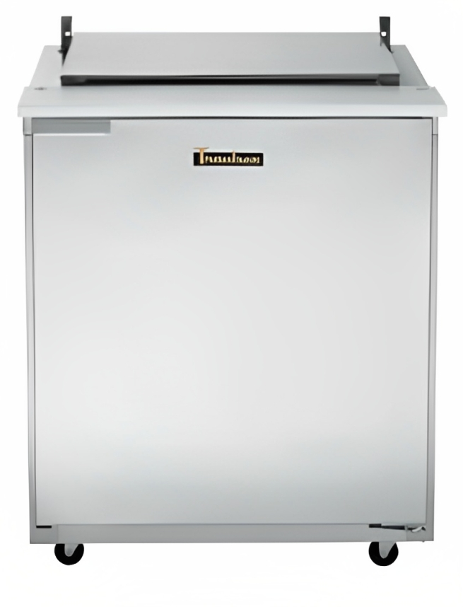 Traulsen UST279-R-SB 1-Section Right Hinged 1 Door Refrigerated Salad/Sandwich Prep Table with Low Profile Flat Lid & Stainless Steel Back 27" - Holds (9) 1/6 Size Pans - 7.7 cu. ft. - 115v