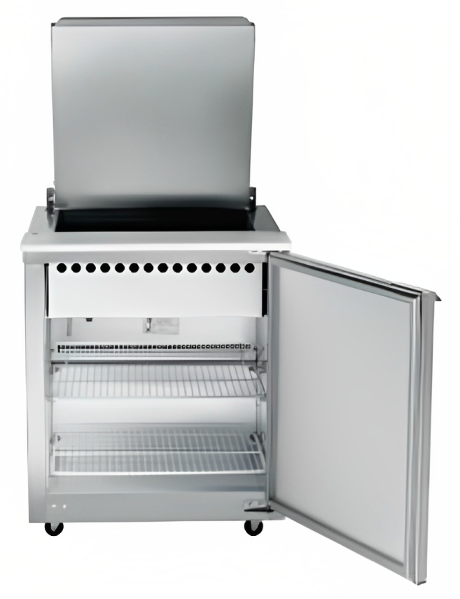 Traulsen UST2312-R-SB 1-Section Right Hinged 1 Door Refrigerated Salad/Sandwich Prep Table with Low Profile Flat Lid & Stainless Steel Back 32" - Holds (12) 1/6 Size Pans - 8.8 cu. ft. - 115v