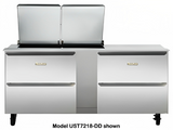 Traulsen UST7212-DD-SB 2-Section 4 Drawer Refrigerated Salad/Sandwich Prep Table with Low Profile Flat Lid & Stainless Steel Back 72" - Holds (12) 1/6 Size Pans - 20 cu. ft. - 115v