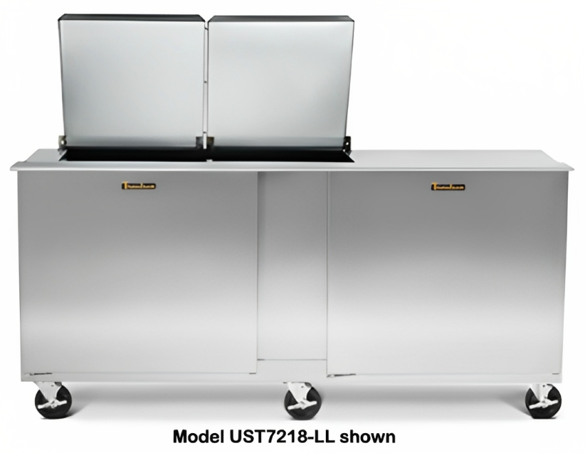 Traulsen UST7212-LL-SB 2-Section Left/Left Hinged 2 Door Refrigerated Salad/Sandwich Prep Table with Low Profile Flat Lid & Stainless Steel Back 72" - Holds (12) 1/6 Size Pans - 20 cu. ft. - 115v