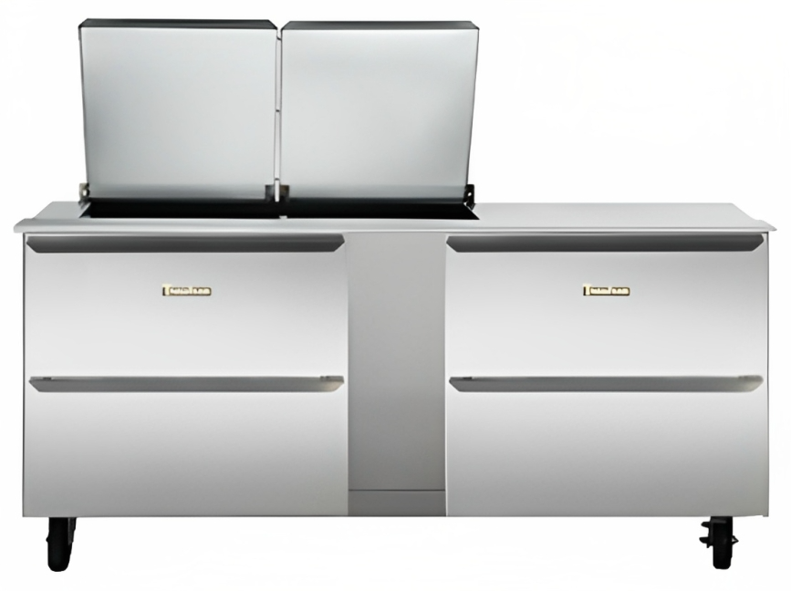 Traulsen UST7218-DD-SB 2-Section 4 Drawer Refrigerated Salad/Sandwich Prep Table with Low Profile Flat Lid & Stainless Steel Back 72" - Holds (18) 1/6 Size Pans - 20 cu. ft. - 115v