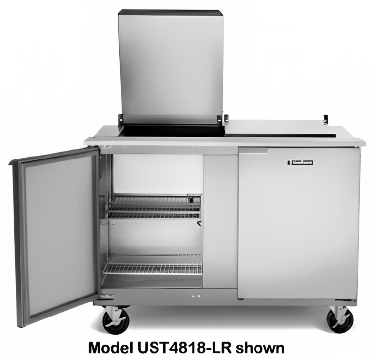 Traulsen UST7230-RR 2-Section Right/Right Hinged 2 Door Refrigerated Salad/Sandwich Prep Table with Low Profile Flat Lid 72" - Holds (30) 1/6 Size Pans - 20 cu. ft. - 115v