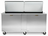Traulsen UST7230-LL-SB 2-Section Left/Left Hinged 2 Door Refrigerated Salad/Sandwich Prep Table with Low Profile Flat Lid & Stainless Steel Back 72" - Holds (30) 1/6 Size Pans - 20 cu. ft. - 115v
