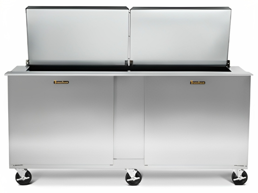 Traulsen UST7230-RR-SB 2-Section Right/Right Hinged 2 Door Refrigerated Salad/Sandwich Prep Table with Low Profile Flat Lid & Stainless Steel Back 72" - Holds (30) 1/6 Size Pans - 20 cu. ft. - 115v