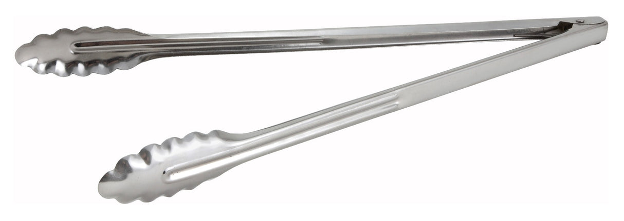 Winco UT-16LT Coiled Spring Medium-Weight Stainless Steel Scalloped Utility Tongs 16" - 72/Case