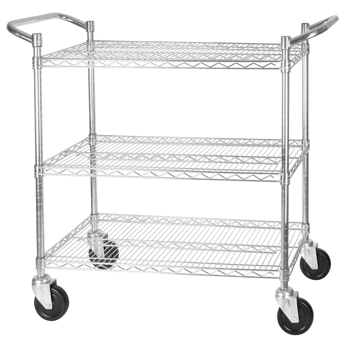 Winco VCCD-1836B 3-Tier Wire Shelving Cart / Utility Cart with Double Handle and Brakes 36"L x 18"W x 42"H - Chrome Plated - 800 lb. Capacity