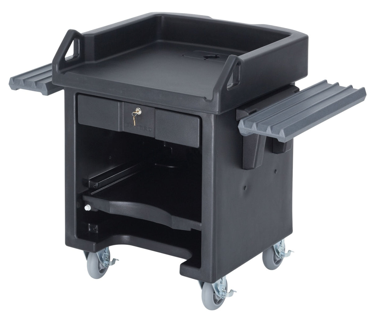 Cambro VCSWRHD110 Versa Cash Register Cart with Dual Adjustable Rails, Lockable Center Drawer and Heavy Duty Casters 52-3/4"L x 32"W x 43-3/4"H - Black