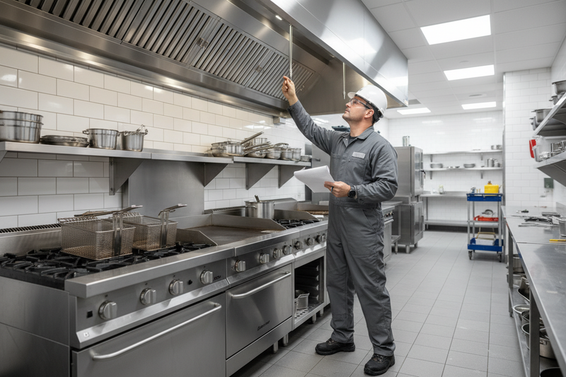vent hood inspector at a restaurant examining a new ven thood installation. He would be holding a clipboard