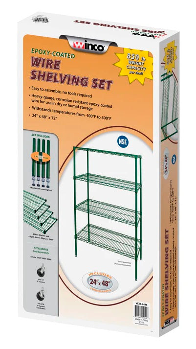 Winco VEXS-2448 Knock-Down 4-Shelf Green Epoxy Coated Wire Shelving Set 24" x 48" x 72"H