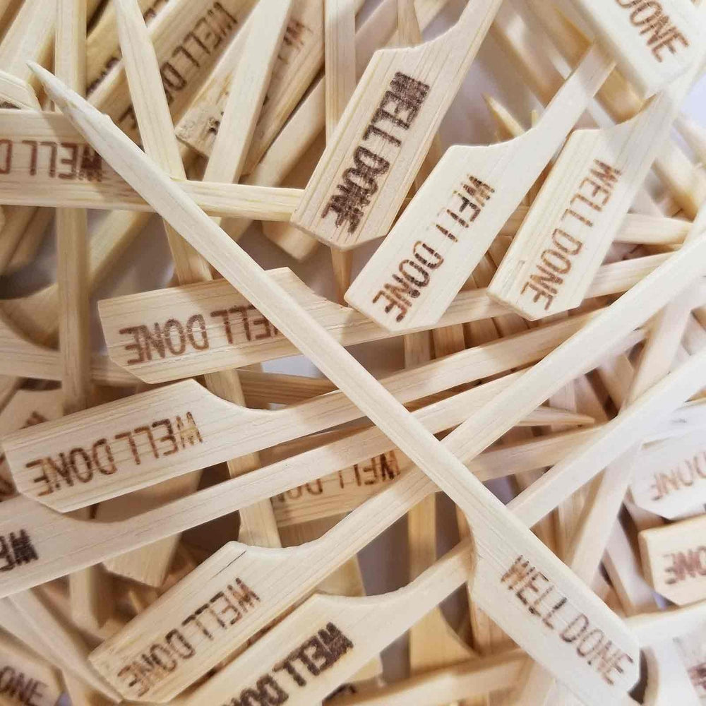 TableCraft WELLDONE "Well Done" 3-1/2" Bamboo Temperature Meat Marker Pick - 100/Pack