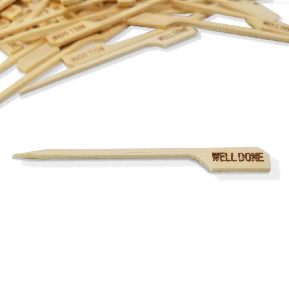TableCraft WELLDONE "Well Done" 3-1/2" Bamboo Temperature Meat Marker Pick - 100/Pack