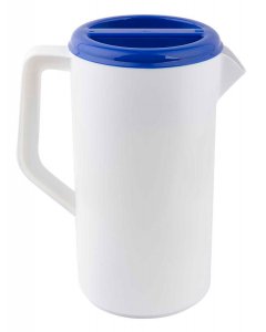 TableCraft 144W Economy Plastic Pitcher with 3-Way Sanitary Blue Lid 2-1/2 qt. - White - 12/Case