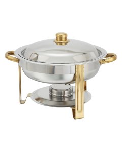 Winco 203 Malibu Gold Accented Stainless Steel Round Chafer with Lift-off Lid & Fuel Holder 4 qt.