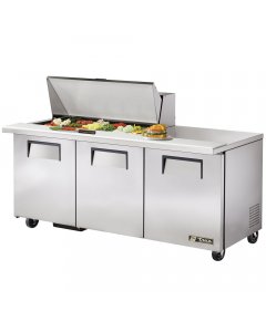 True TSSU-72-18M-B-HC 3-Section 3 Door Mega Top Refrigerated Salad/Sandwich Prep Table 72" - Holds (18) 1/6 Size Pans - 115v