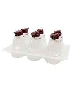 TableCraft 483 Salad Dressing Dispenser Set - with Tray, (6) Dispensers, and Maroon Tops