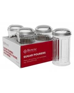 Browne 575231 Round Fluted Plastic Sugar Pourer with Stainless Steel Top 12 oz. - Clear - 4/Set