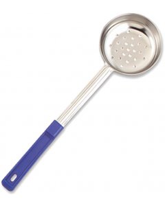 Browne 5757481 Color-Coded One-Piece Stainless Steel Perforated Round Food Portioner with Blue Plastic Handle 8 oz.
