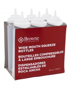 Browne 57802500 Wide Mouth Squeeze Bottle with No-Drip Tip 24 oz. - Clear - 6/Set