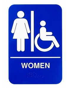 TableCraft 695630 Plastic ADA "Women / Accessible" Restroom Sign with Handicapped Symbol & Braille 6" x 9" - Blue / White