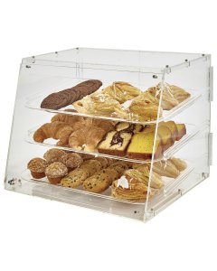 Winco ADC-3 Countertop 3-Tray Acrylic Tiered Display Case with Rear Door 21" x 18" x 16-1/2"H - Clear