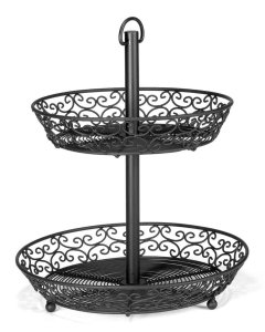 TableCraft BKT2A Mediterranean Collection Metal Two-Tiered Display / Fruit Basket with Legs 9" & 10-1/2" x 12-1/4"H - Black - 8/Case