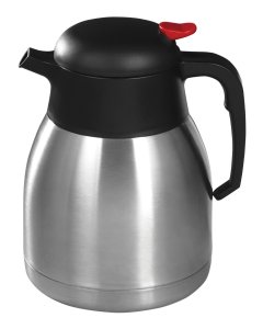 Winco CF-1.2 Stainless Steel Lined Insulated Carafe with Plastic Black/Red Push Button Top - 1.2 Liter - 8/Case